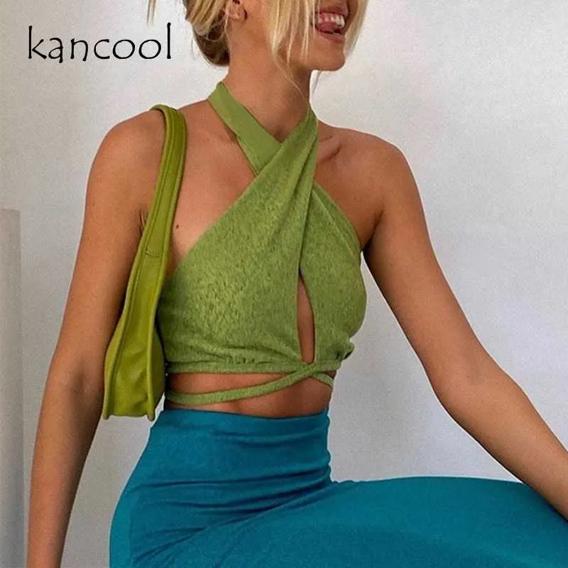 Kancool Green Sexy Bandage Halter Crop Tops för Kvinnor Ärmlös Backless Club Party Chic Wrap Beskuren Top Slim Streetwear Y0622