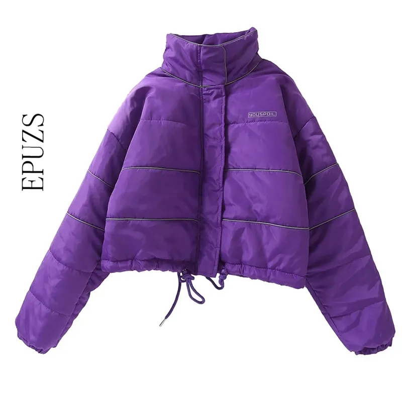 겨울 자켓 여성 패션 반사 스트라이프 두꺼운 파카 긴 소매 보라색 핑크 따뜻한 파카 코트 숙녀 코트 210521
