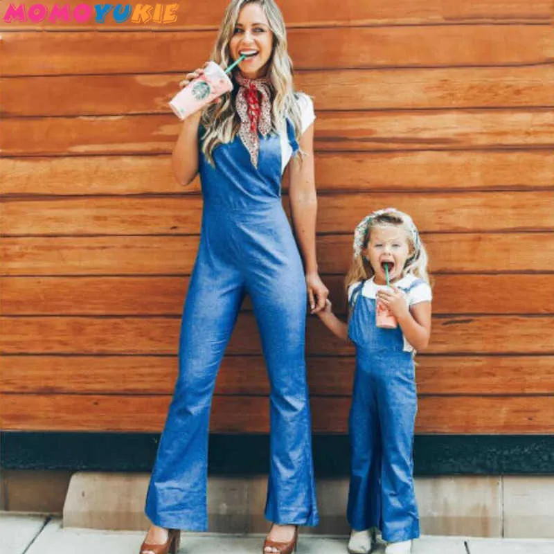 Mother Daughter Matching Clothes Flared Trousers Pants For Mommy And Me Family Look Women Girl Mom And Daughter overall Outfits 210713