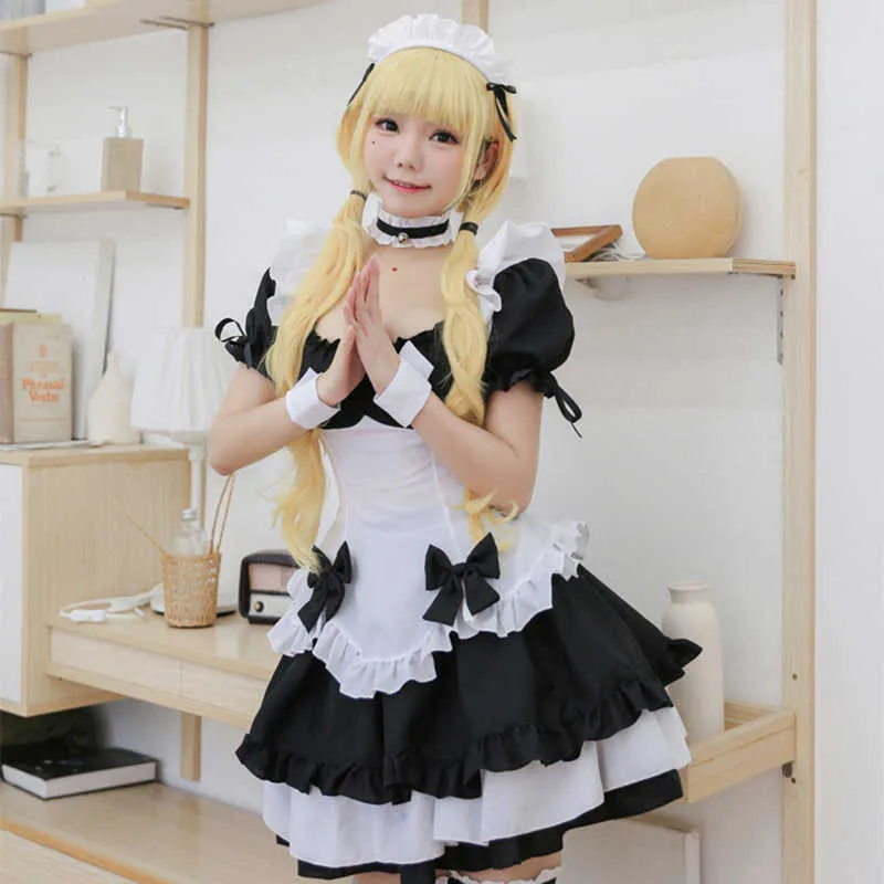 Svart vit choklad halloween kostymer franska bowknot maid kjol tjejer kvinna amine cosplay kostym servitris party y0913