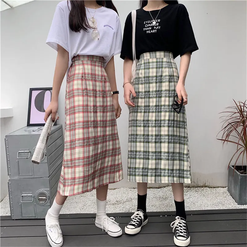 Spring Midi Skirt Plaid High Waist A Line Skirt Womens