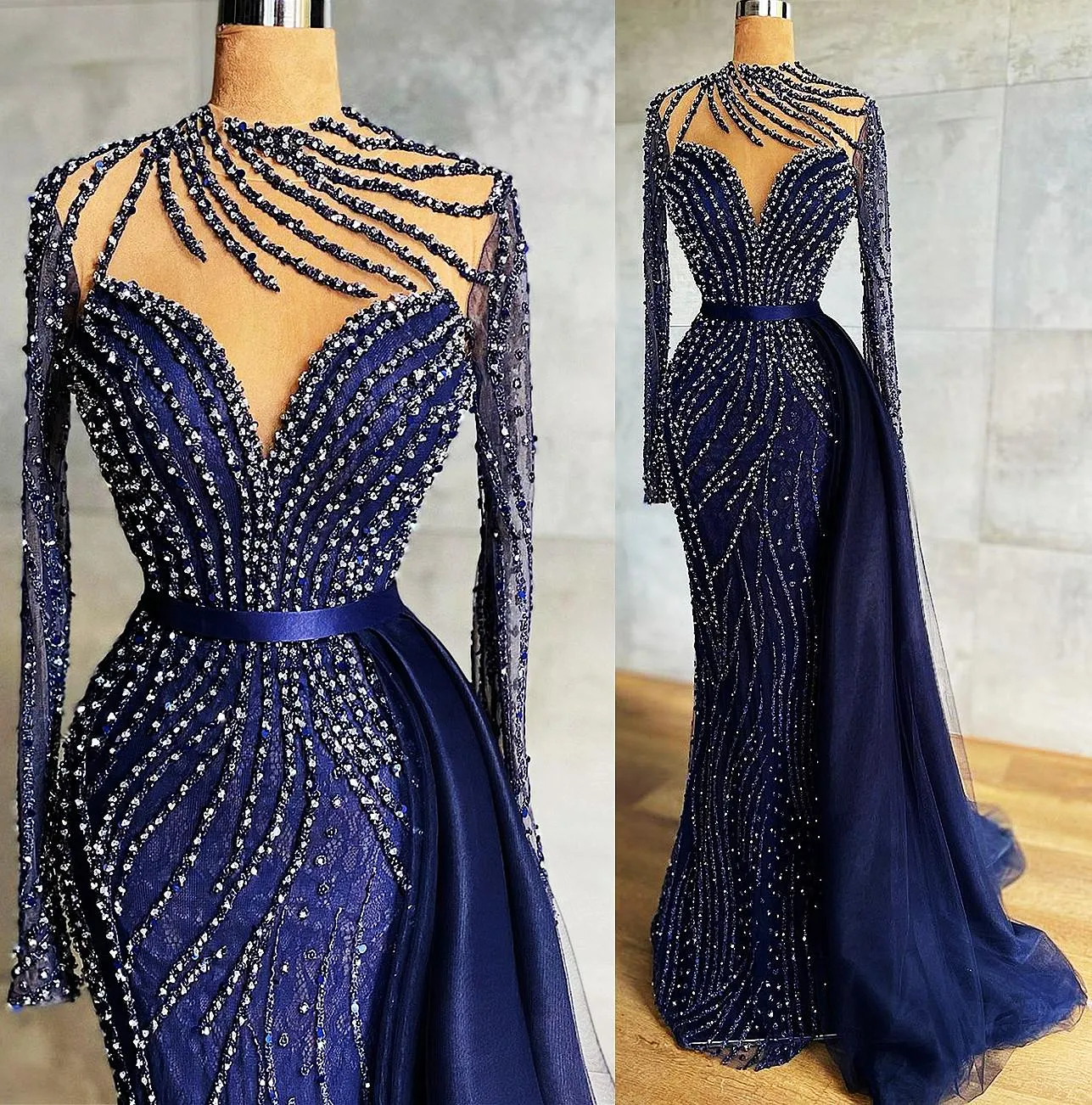 Luksusowe Zroszony Navy Blue Mermaid Prom Dresses z odpinanym pociągiem z długim rękawem Wysokiej szyi Suknia Wieczorowa Prawdziwe obraz Plus Size Formalne Suknie Party Wear
