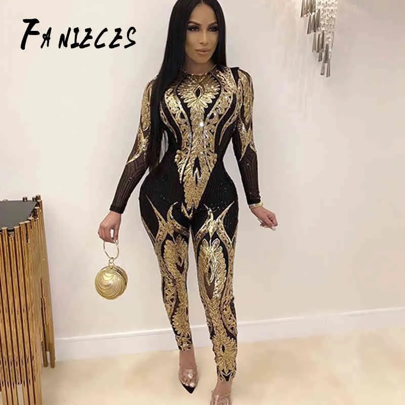 مثير الترتر بذلة المرأة طويلة الأكمام bodycon رومبير الصيف الخريف حزب clubwear بريق playsuits الشارع الشهير macacao feminino 210520