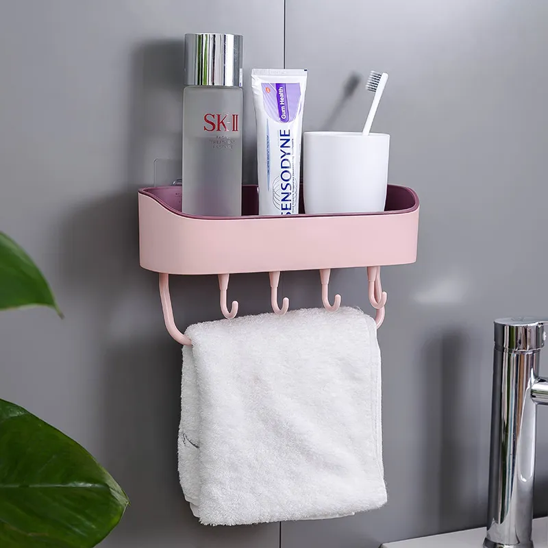 Plastic Punch Free Wall Hanging Bathroom Rack Self-Adhesive Soap Shampoo Holder Storage Rack with 4 Hanger