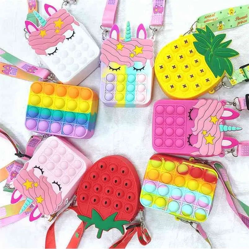 Fidget Pops Bag Portemonnee Unicorn Toys Messenger Schouder Mini Bag Terug naar School Kinderdoek Decompressiebag Regenboog Fruit Tie Dye Bubble Poppers Toy GG8RQK0