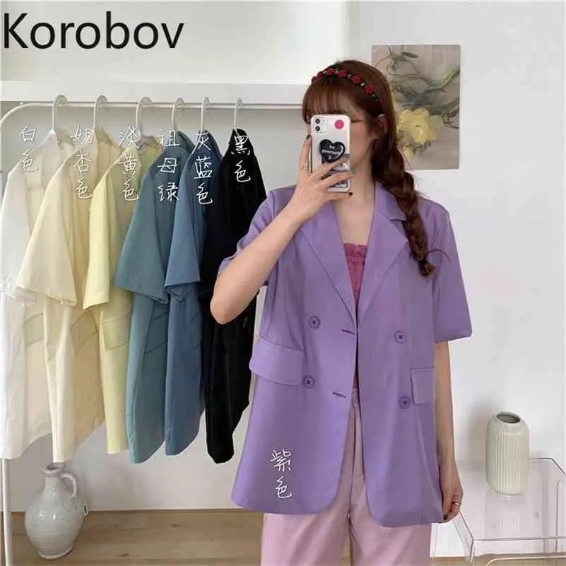Korobov Yeni Moda Turn-down Yaka Kadın Ceketler Kore Streetwear Kısa Kollu Mont Katı İnce Dış Giyim Top 210430