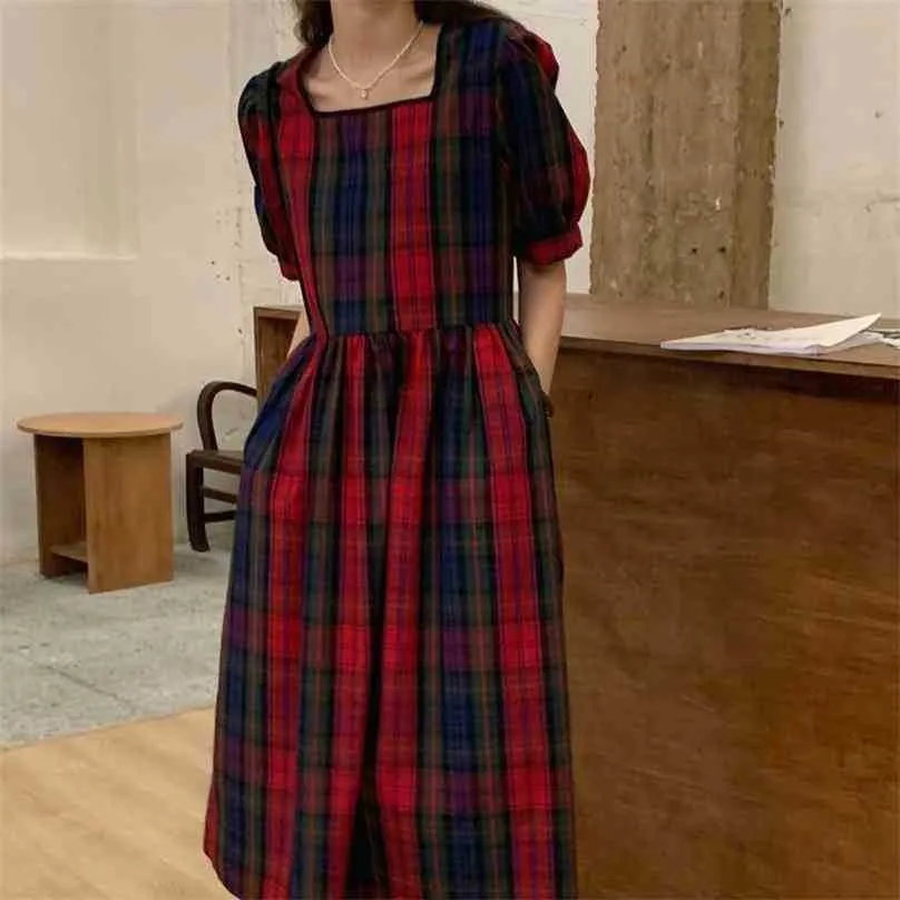 Chic Rouge Vintage Taille Haute Doux Streetwear Casual Robes Longues Plaid Lâche Géométrique All Match Vestidos 210525