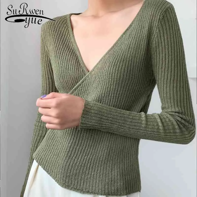 Koreanischen Stil Frauen Pullover Tops Solide Volle Hülse Stricken V-ausschnitt Pullover 6660 50 210521