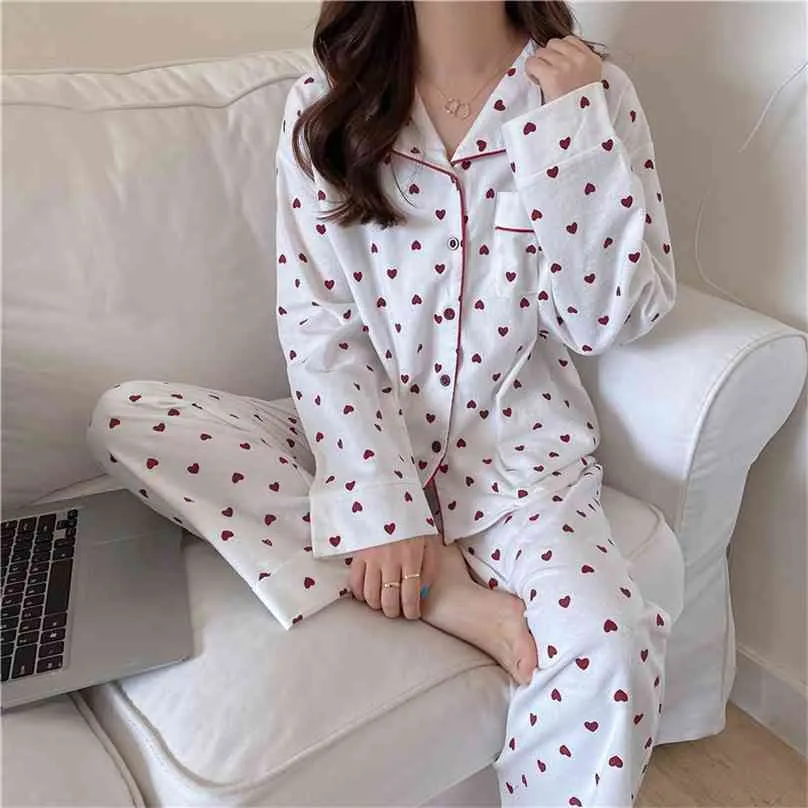 Cuori stampati All Match Donna Sweet Chic Sleepwear Loose Homewear Eleganti ragazze Lady Pigiama Set 210525