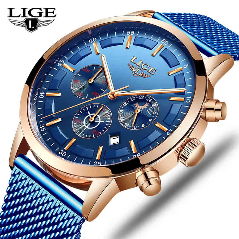Relogio Masculino Lige Luxury Quartz Watch for Men Blue Dial Watches Sports Watches Moon Phase Chronograph Mesh Belt Wrist Watch Q0524