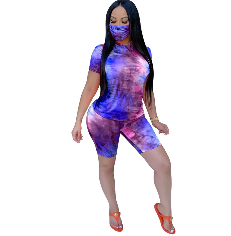 Women Designer Tracksuits With Face Mask 2023 Summer Tie Dye 2 Piece Set Letter Tryckt Tryckt Kort ärm T-shirt Suits Dam Sweatsuits