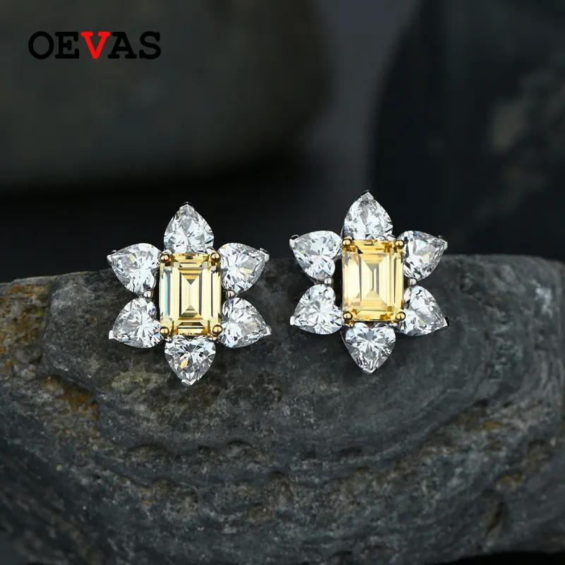 OEVAS 100% 925 Sterling Silver 6*8mm Topaz Stud Earrings For Women Sparkling High Carbon Diamond Flower Party Fine Jewelry Gifts