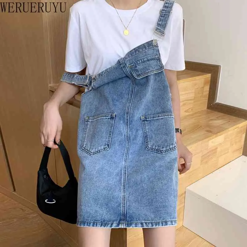 WERUERUYU Women's Retro Suspender Jean Skirt With Pocket Summer High Waist Ripped Strap Overalls Hole Denim Skirt Female 210608