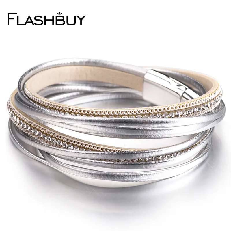 Bracelets en cuir en strass pour femmes Simple Multiryer Magnet Wrap Bangles Fashion Costume Bijoux Gift