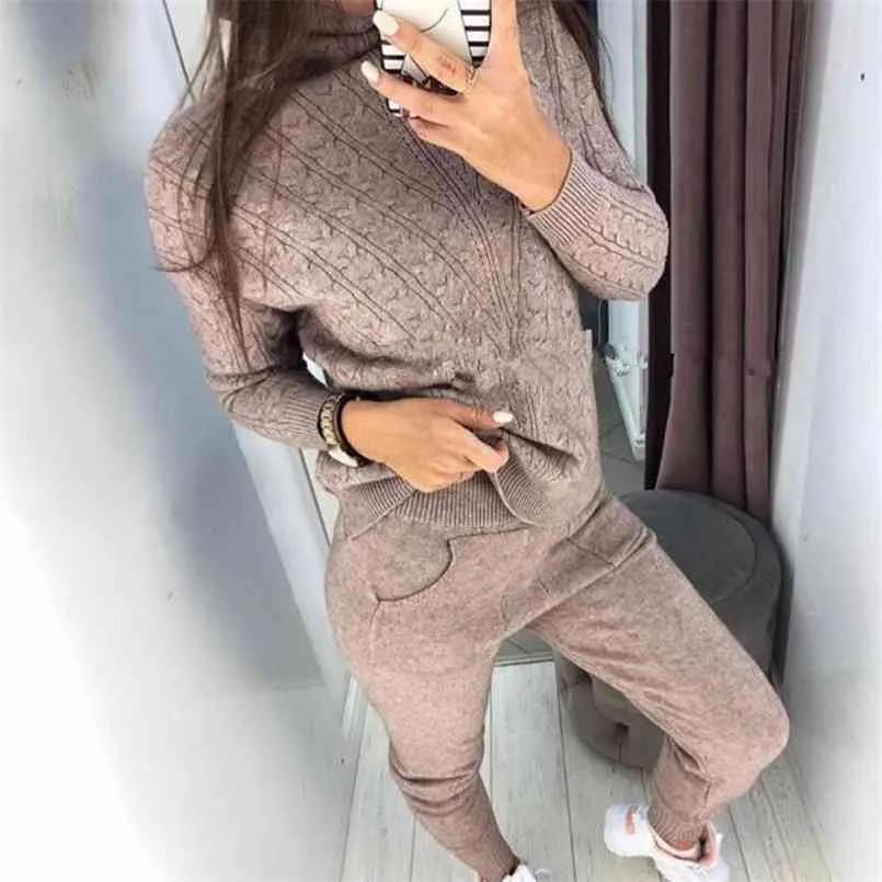 Torsione delle donne Maglione Pantaloni Abito dolcevita Lino Fiore di colore Maglioni tuta Autunno Inverno Due pezzi Set abiti da donna 210508