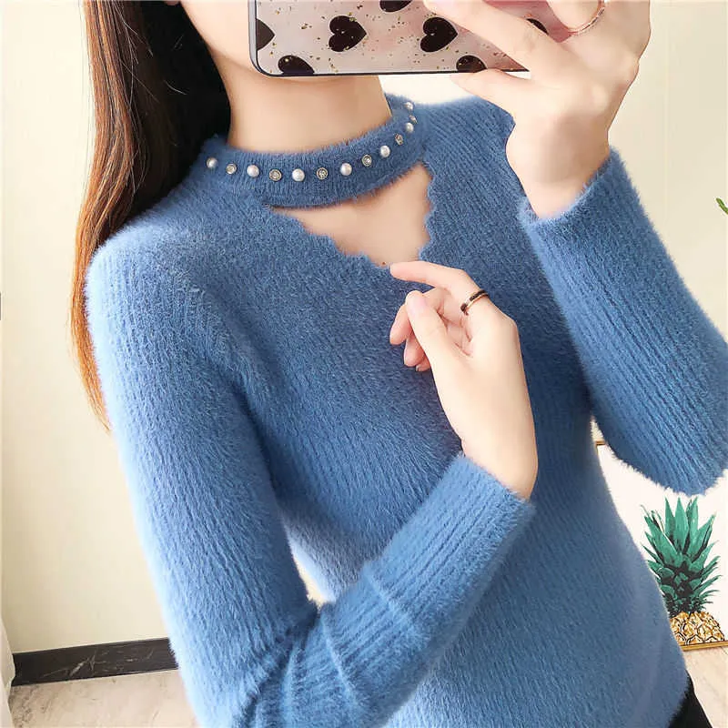 Dames Mink Cashmere Sweaters Sexy Holle O Neck Beading Lange Mouw Korte Gebreide Jumper Effen Zachte Warm Winter Pullovers 210526