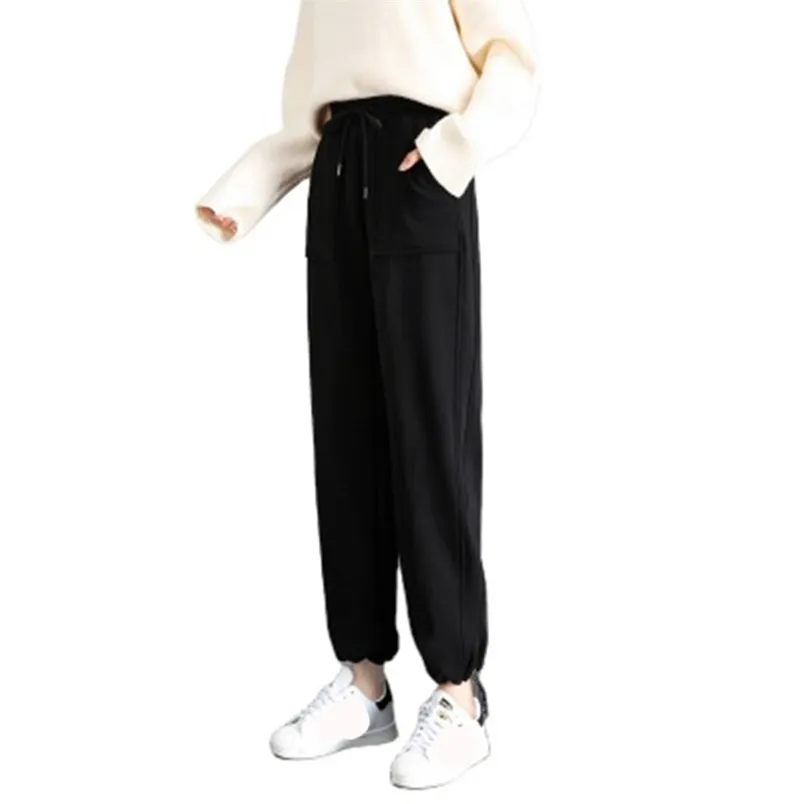 Artı Kadife Kalınlaşma Sweatpants Kadınlar Elastik Bel İpli Büyük Cepler Işın Ayak Pantolon Pantalon Büyük Femme Taille Haute 210604