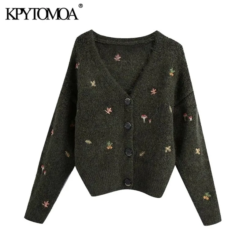 KPYTOMOA Women Fashion Floral Embroidery Knitted Cardigan Sweater Vintage Long Sleeve Button-up Female Outerwear Chic Tops 211011