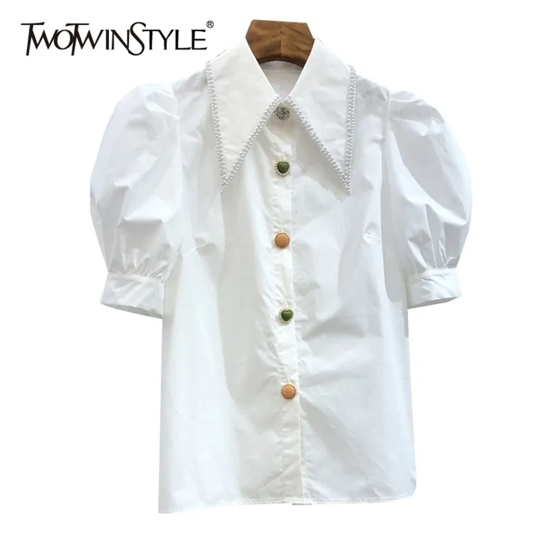 Casual Patchwork Pearl Shirt voor Dames Revers Korte Mouw Elegante Blouse Vrouwelijke Mode Kleding Stijlvolle 210524