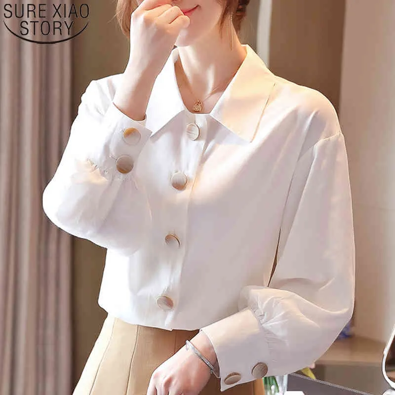 Escritório senhora branco camisas blusas outono botão grande botão polo colar ol sólido elegante manga longa camisa mulheres blusas 10668 210417