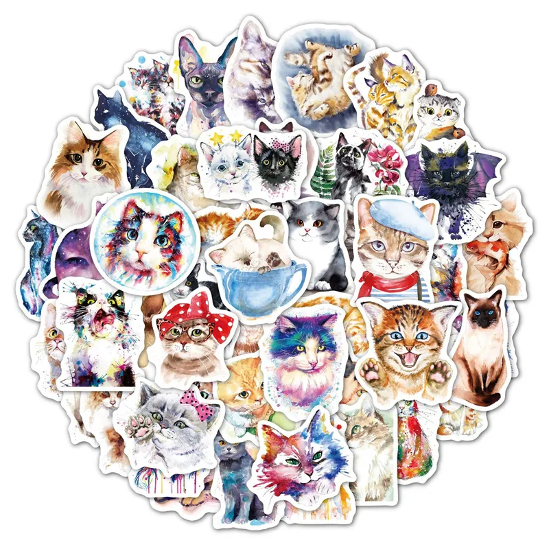 Aquarel Animal Guitar Stickers Cartoon Leuke Katten DIY Graffiti Decals voor Motorfiets Auto Bagage Ipad Telefoon Games Skateboard Notebook Speelgoed Gift Decal 50pcs