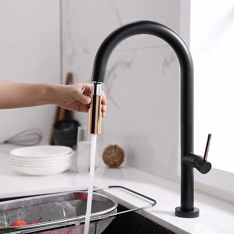 Tudo de cobre multi função Universal Kitchen Torneira puxe para fora Misturador de água torneira Única manipular 360 torneiras de chuveiro de rotação