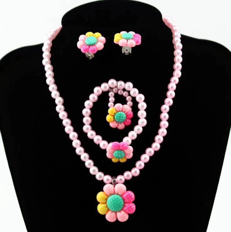 Kids Meisjes Sieraden Set Kralen Bloemen Charms Hangers Ketting Ring Oor Clips Armband Accessoires Roze Rose