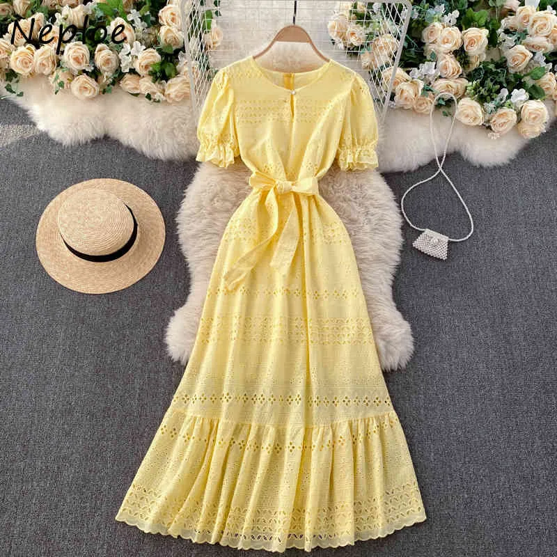Neploe Elegant Lace Hollow Out Solid Dress Women High Waist Hip A Line Mermaid Vestidos O Neck Long Sleeve Sashes Robe Summer 210422