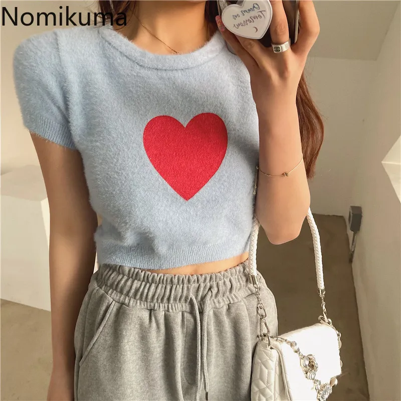 Nomikuma Korean Slim Fit T Shirts Women O Neck Short Sleeve Crop Tops Love Heart Pattern Sweet Tshirt Female Chic Camisetas 210514