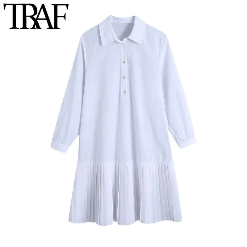 TRAF Women Chic Fashion With Buttons Pleated Hem White Mini Dress Vintage Three Quarter Sleeve Female Dresses Vestidos 210415