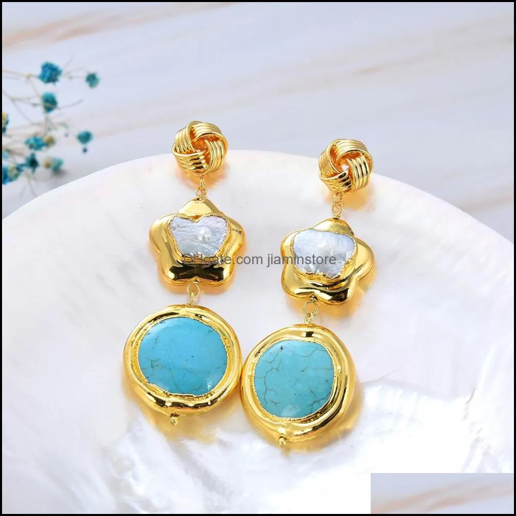 GuaiGuai Jewelry White Baroque Pearl Flower Blue Turquoises Coin Gold Color Plated Dangle Hook Earring Handmade For Women Real Gems Stone Lady Fashion