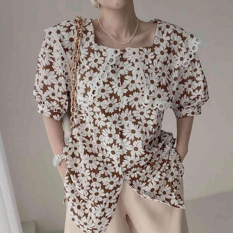 Blusas elegantes de algod n s lido Moda Mujer Manga de burbuja Elegante Top Oto o Mujer Big Turn Down Collar Impresi n Camisa 14227 210521
