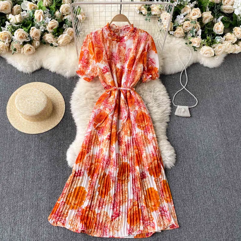 Singreiny Women Design Flower Dress Summer Puff Sleeve O Neck Ruched A-Line Dresses French Romantic Vacation Midi Long Dress 210419