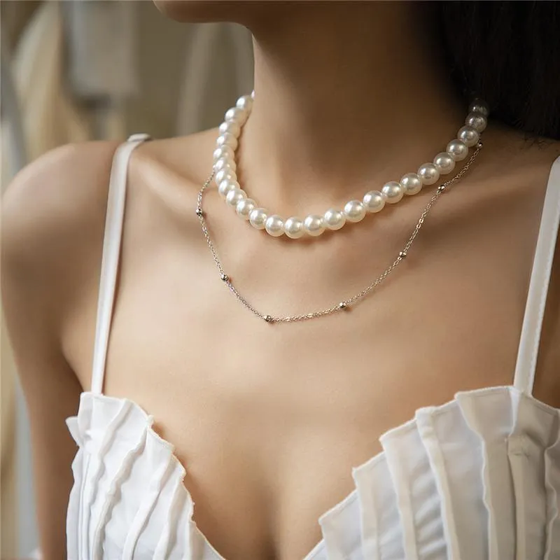 Chokers Korean Fashion Baroque Imitation Pearl Set Necklace Simple Vintage Copper Bead Fine Chain Geometric Women Neck Jewelry