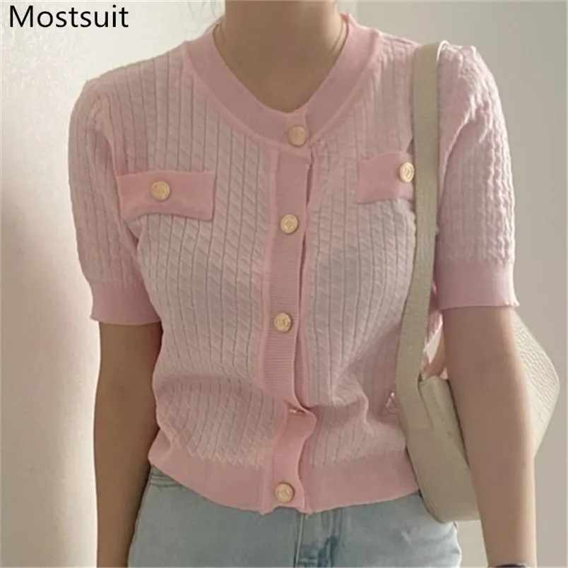 Vintage Korean Knitted Cardigan Tops Women Summer Short Sleeve Single-breasted O-neck Buttons Sweater Elegant Sweet Jumpers 210513