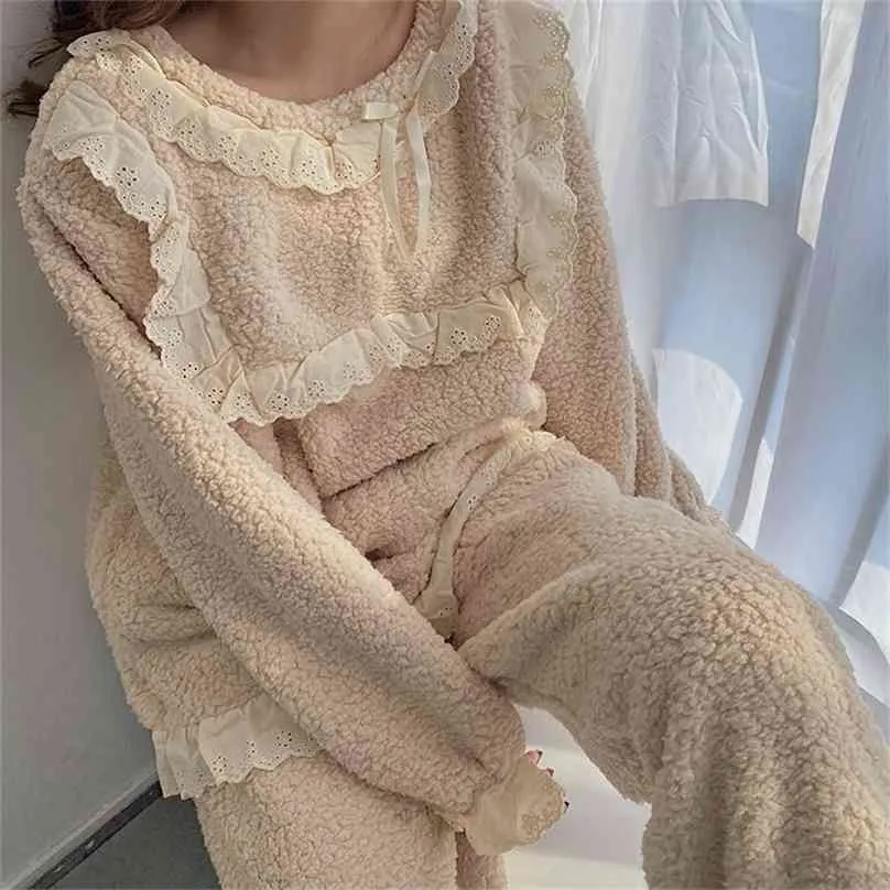 Aprikos Varm Loose Snygg Kvinnor Högkvalitativ Soft Nightwear Söt Bekväm Kvinna Pyjamas Sets 210525