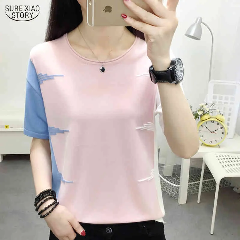 Casual Woman T-shirts Hit Color Topps Sommar Tunna Stickad T-shirt Rosa O-Neck T-shirts Kvinnor Tee Femme 9761 210417