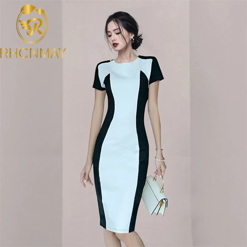 Zarif Siyah Beyaz Patchwork Kalem Elbise Kadın Yaz Ofis Elbiseler Basit Parti Çalışma Kılıf Bodycon Vestidos 210506