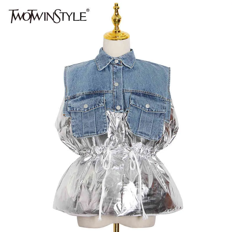 Drawstring Patchwork Denim Vest For Women Lapel Sleeveless Casual Loose Cotton Coat Female Winter Fashion 210524