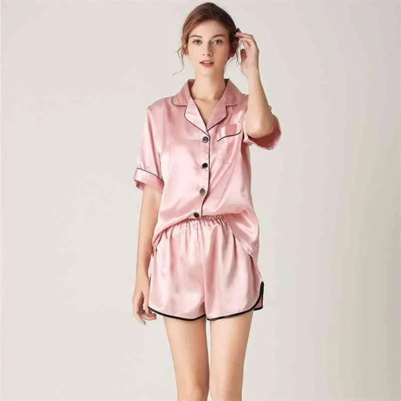 Juli sång Kvinnors pyjamas Set Sleepwear Shorts Elegant Solid Kvinna Pyjamas Rosa Faux Silk Nightwear V Neckfickor Homewear 210901