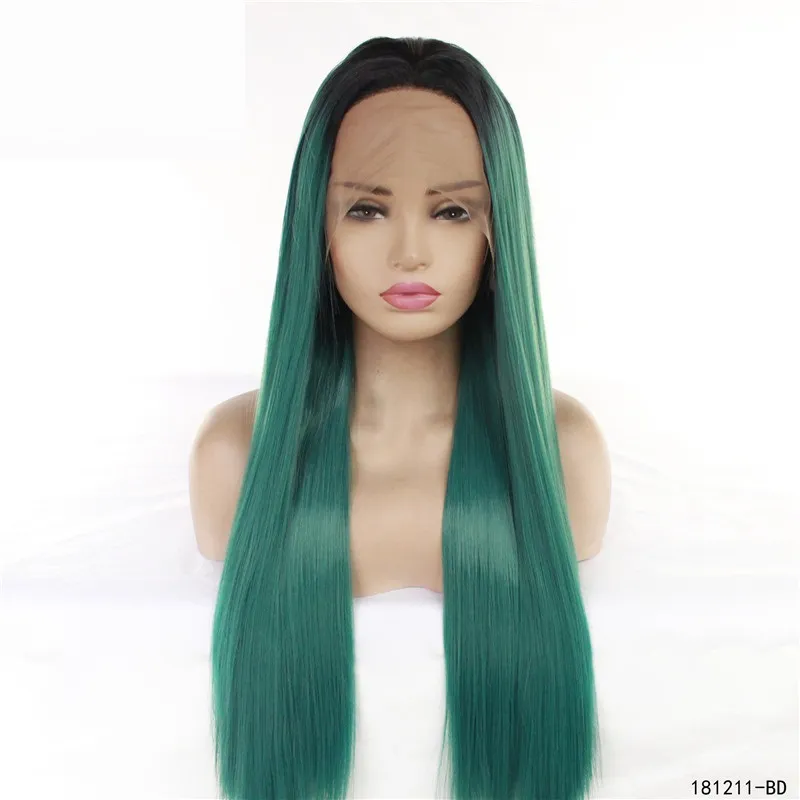 12~26 inches Synthetic Lace Front Wigs Silky Straight Green Ombre Color Simulation Human Hair Wig 181211-BD Pelucas