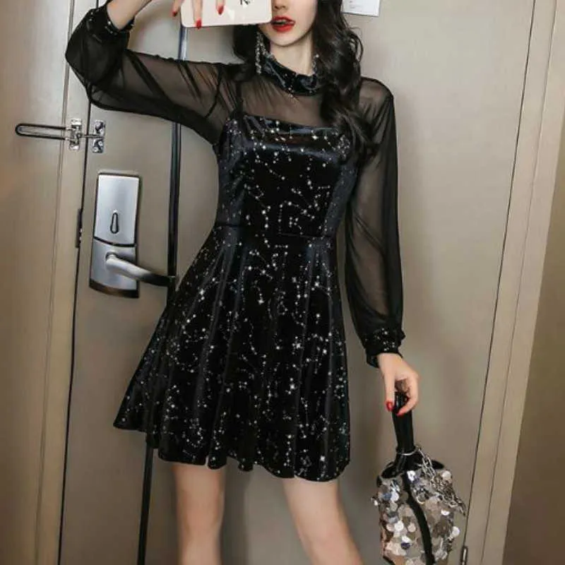 Francuski Vintage Y2K Sukienka Czarny Z Długim Rękawem Kobiety Mini Cekiny Wiosna Mesh Sexy Damska Odzież Wieczorowa 210604