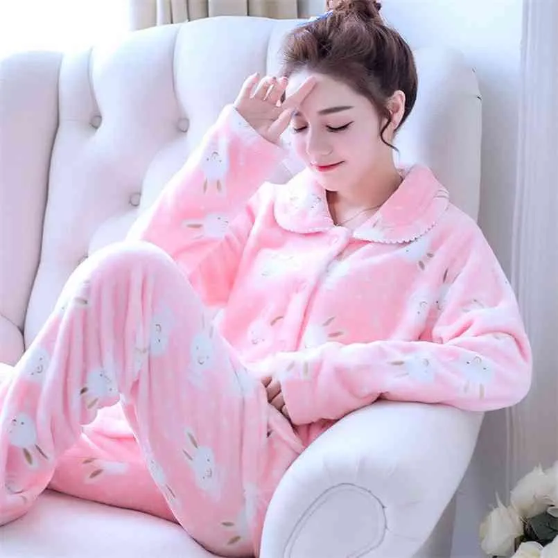 Pajama Female Winter Women Warm Sexy Pajamas Big Size Homewear Fashion Mom Cartoon Pink Bunny 210809