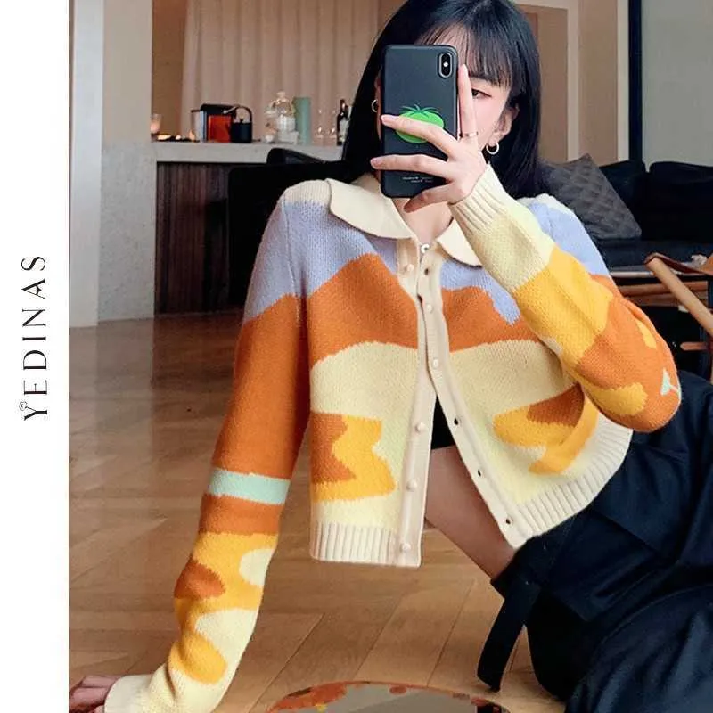 Yedinas Sweet Cropped Cardigan Knitted Long Sleeve Oil Painting Cute Women Sweater Slim Ladies Jumper Korean Fashion 210527