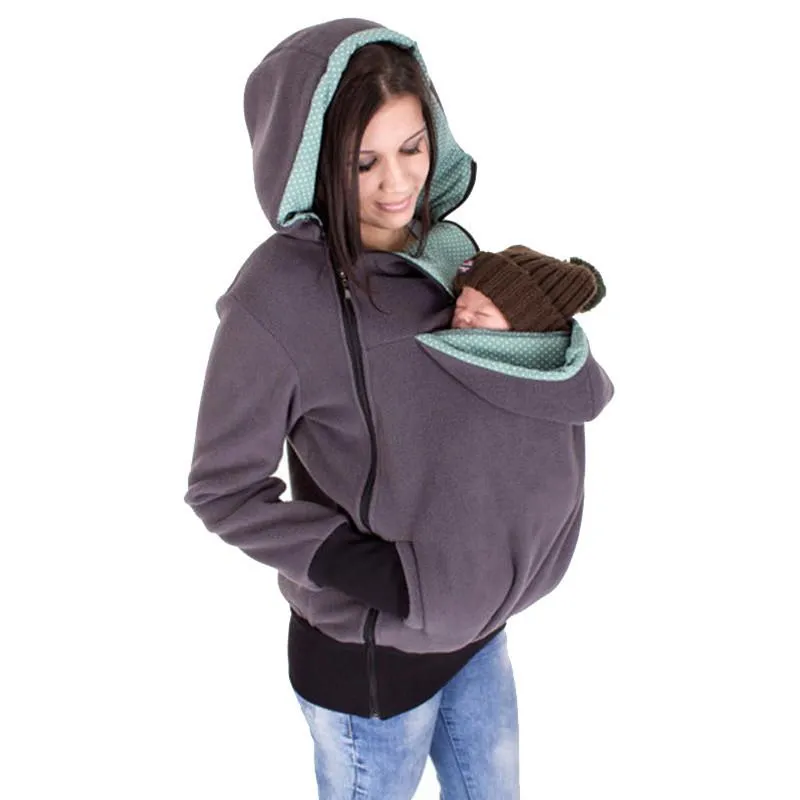 كنزات بغطاء للرأس للسيدات عالية الجودة حاملة أطفال للشتاء والحوامل والحوامل ترتدي ملابس الأمومة والأم على شكل كنغر