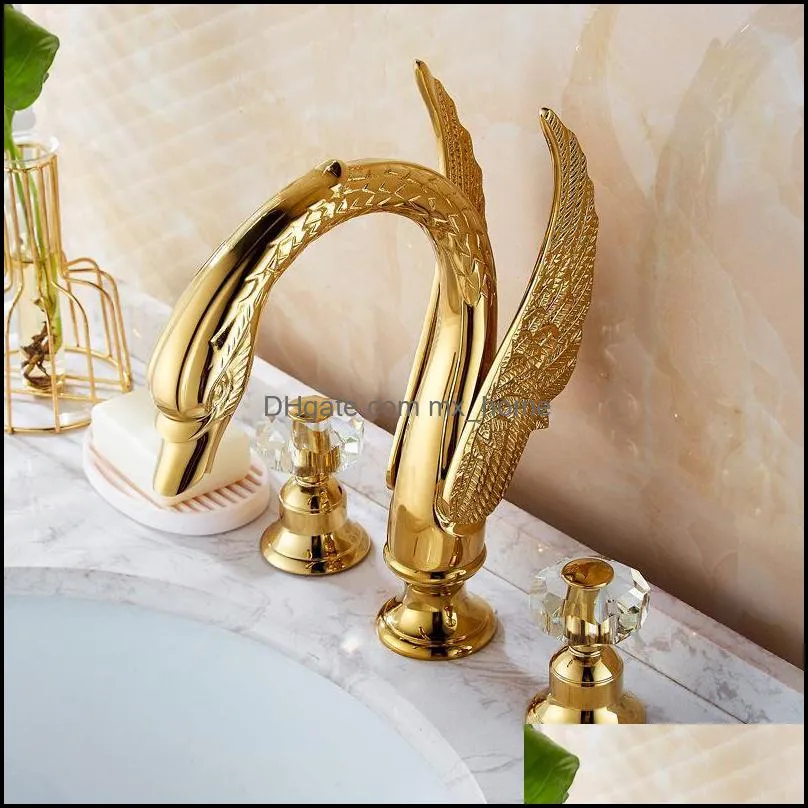 Tuqiu Bathroom basin brass faucet gold widespread Swan faucet black Tap luxury Basin Mixer Hot And Cold shower room sink