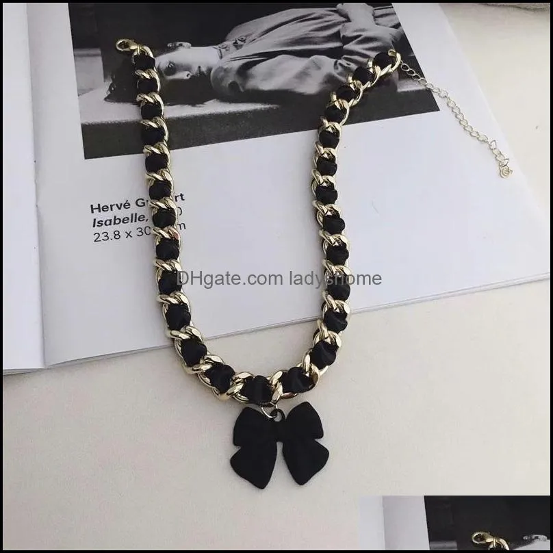 Bowknot Chokers Short Interspersed with Leather Rope Wide Chain Fashionable Accessories Jewelry Necklace HWD6438