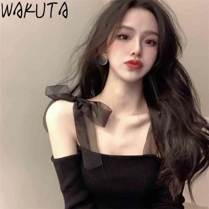 Wakuta koreanska flickor stickade toppar mesh båge slips sexig av axel svarta tröjor mager elegant kort jumper kvinnor kläder 210917