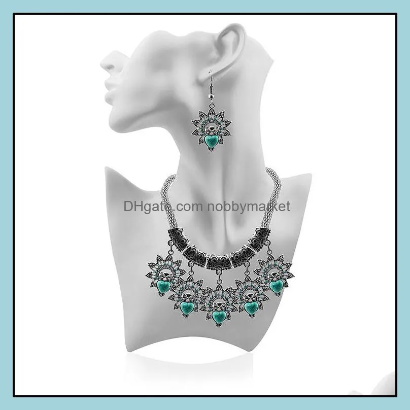 Vintage turquoise statement necklaces earring sets For women Jewelry turquoise owl Pendant necklace Dangle & Chandelier earrings Hot