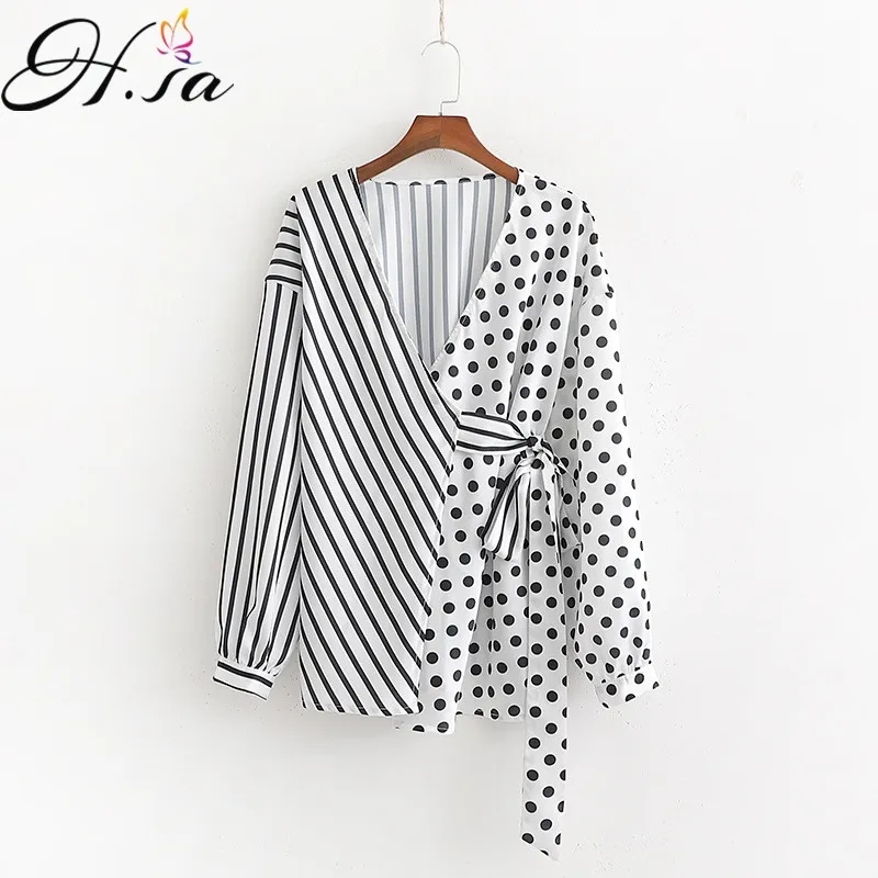 H.SA Sexy Polka Dot Blouse Women Office Lady Long Sleeve Shirt Black White Fashion Loose Elegant Patchwork Sashes Blusa Tops 210417